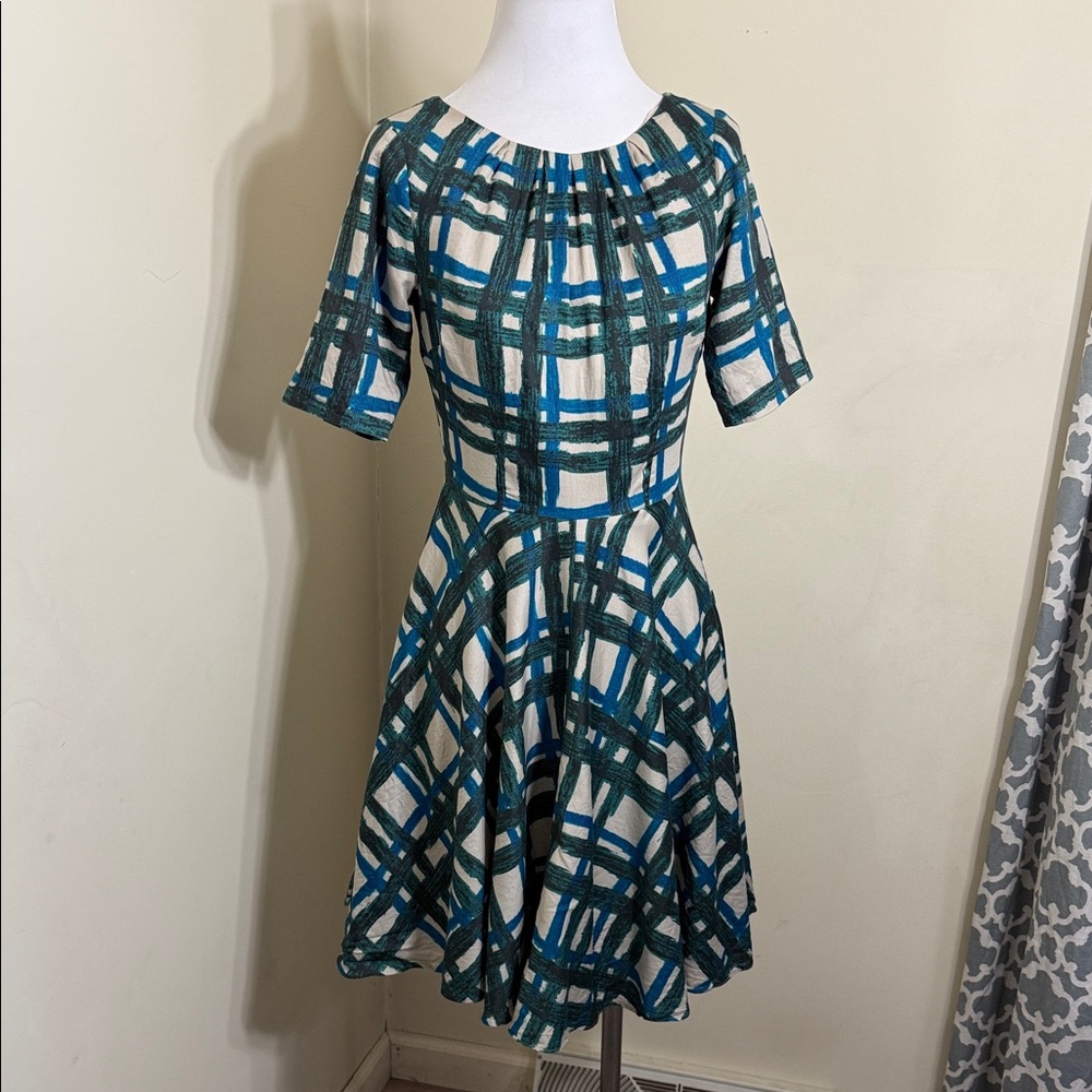 Boden Teal and Cream Plaid Fit-and-Flare Dress